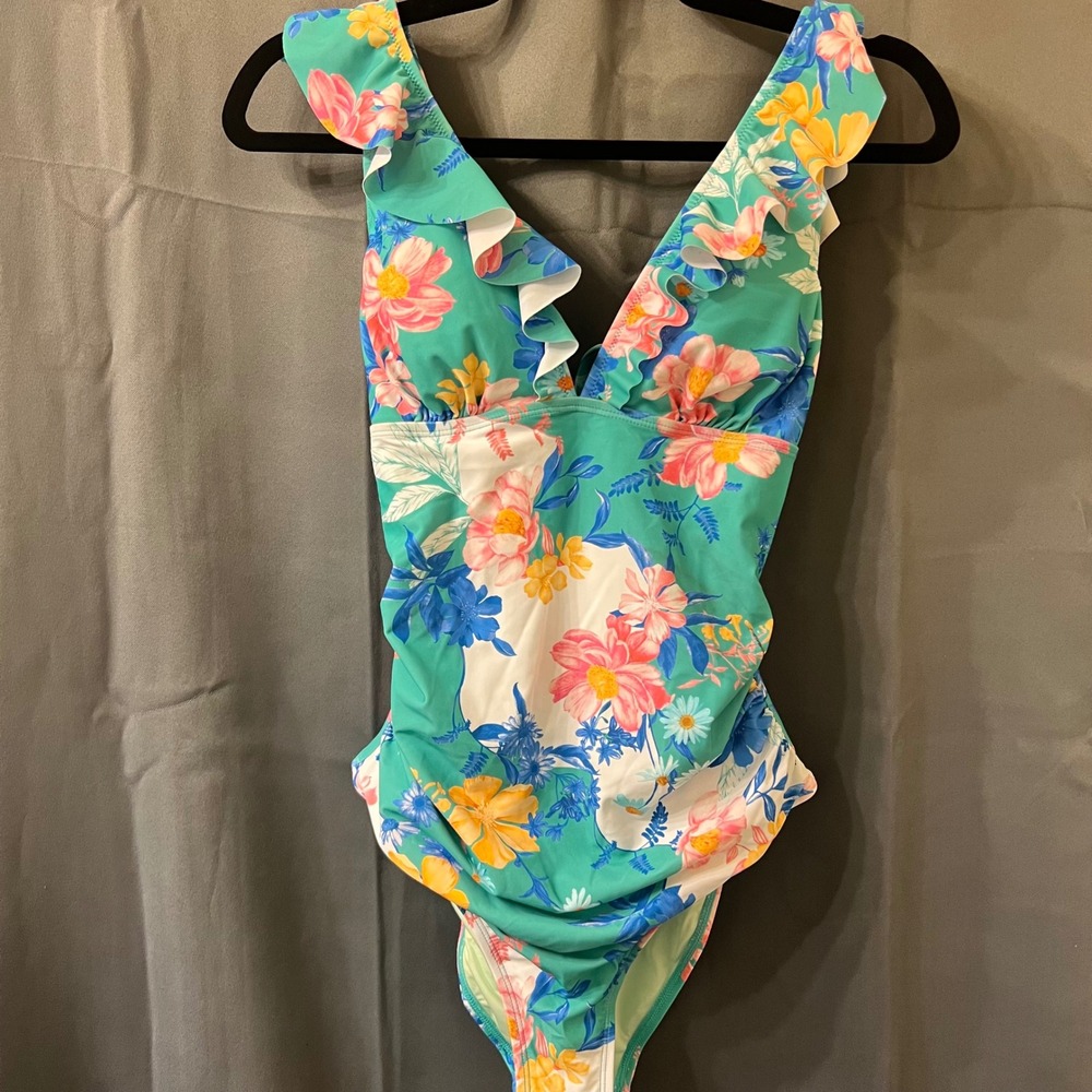 New CUPSHE Teal Floral Ruffle V-Neck One Piece Swimsuit Lace Up Back Size M